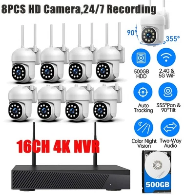 CAMCAMP 8Pcs PTZ Cameras Wireless CCTV Security Camera System WiFi 16CH 4K NVR Audio US