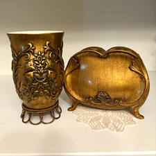 Vintage Hollywood regency ornate toothbrush, and floral filigree speckled cup
