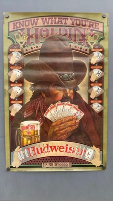 VTG Budweiser Beer Poster Polker Know What You're Holdin Advertising Cowboy 80s