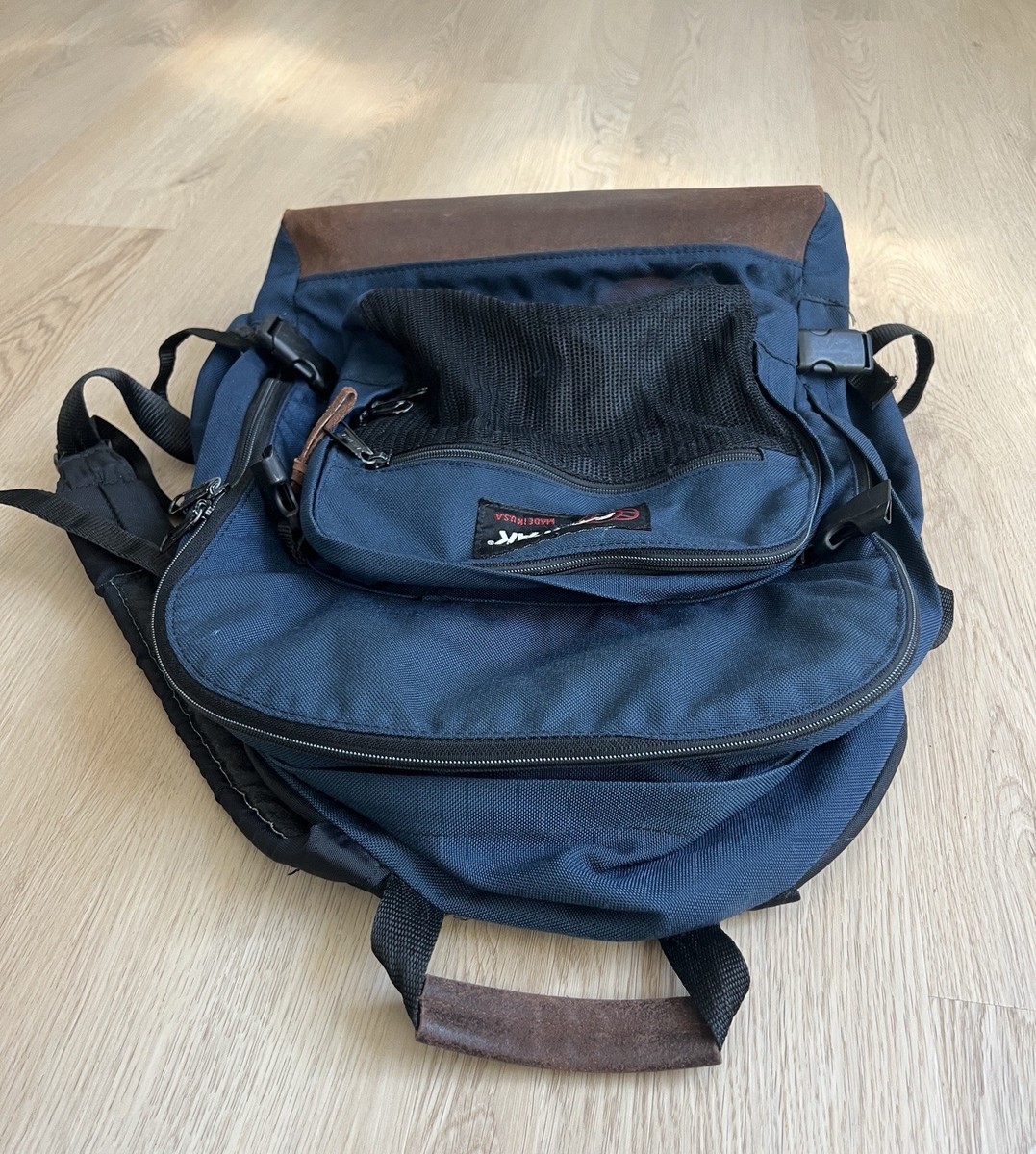 Vintage 90s Eastpak USA Navy Blue Leather Bottom Backpack