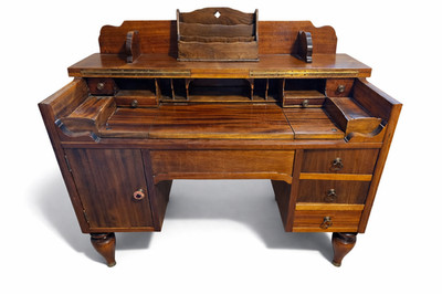 Antique Solid Walnut Secretary Desk w/ Gallery & Turned Legs, Early 1900s Home