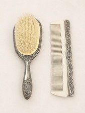 Vintage Ornate Hair Brush Comb Set Silver Plated Vanity Set - Nice Condition