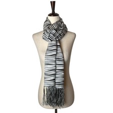 Unbranded 100 Silk Scarf Women OS Black White Excellent Striped Jacquard Fringe