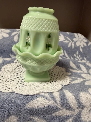 Westmoreland Signed Fairy Lamp Jade Color Hand Painted Milk Glass Vintage