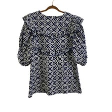 En SaisonNavy Blue White Geometric Tile Print Ruffle Yoke Puff Sleeve Dress