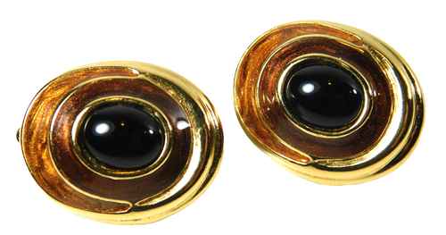 Vintage Trifari Golden Brown Enamel & Black Glass Cabochon Oval Clip On Earrings