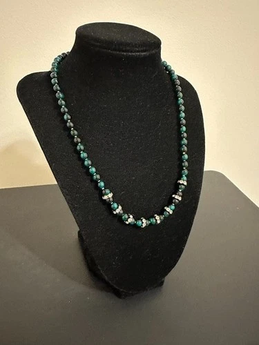 Green Tiger Eye 6 mm White Rhinestone Spacers Beautiful Beaded 18" Necklace. - product listing photo