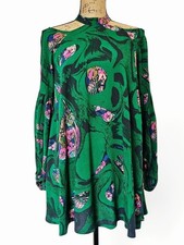 Free People Bohemian Drift Away Cold Shoulder Green  Floral Mini Tunic Dress, XS
