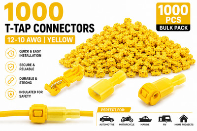 1000 Yellow T-Tap Quick Splice Wire Connectors 12-10 AWG Insulated Terminals