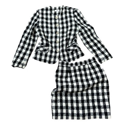 Vtg Discovery Gingham Tweed Jacket Skirt Suit Set Gold Button Pencil Skirt Sz 8
