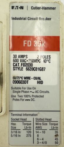 EATON FD2030 2 POLE 30A 600VAC 250VDC CIRCUIT BREAKER - Picture 7 of 7