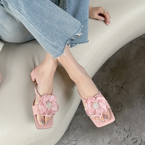 Scarpe sandali donna chic pelle fiore perla perline tacco a blocco scarpe muli JWK - Foto 7 di 14