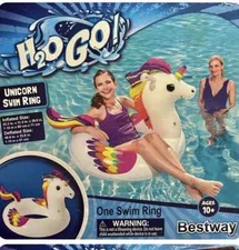 H2O Go! Rainbow UNICORN Swim Ring - Inflatable Pool Float - 43" x 31" x 28"  NEW