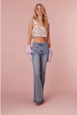 Love Shack Fancy Women Montauk Blue Kala Flare Boho Jeans Size 29 Boho Festival