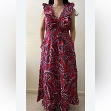 Caroline Constas Smocked Ruffled Floral Paisley Maxi Dress NWT S Red