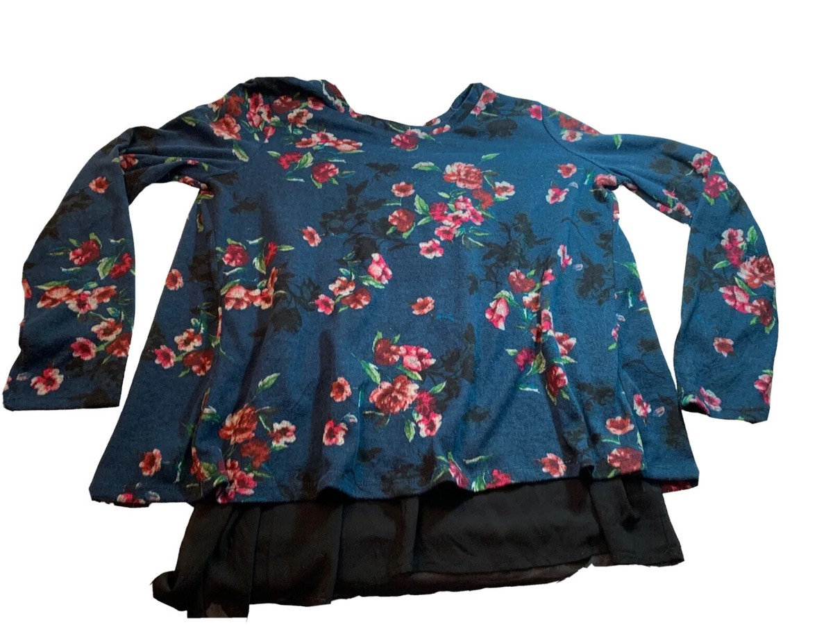 Blue 2-Layer Vintage Rose Print XL? Slit Back Sweater Top | eBay