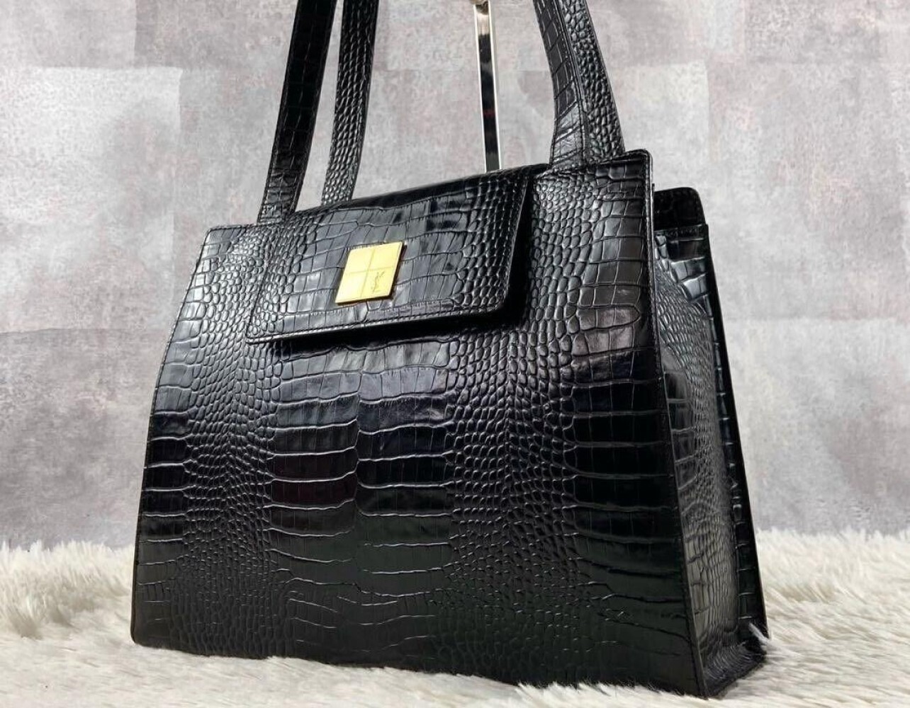 Yves Saint Laurent Top Handle Tote Bag YSL Logo Leather Black Croco