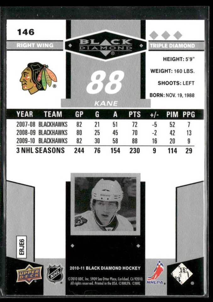 2010-11 Upper Deck Black Diamond #146 Patrick Kane Chicago Blackhawks Card - Image 2 of 2
