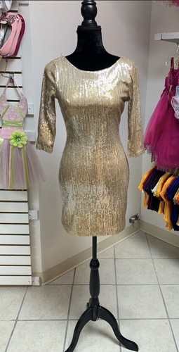 Small Gold Sequin 3/4 Sleeve Prom Homecoming Bridesmaid Cocktail Party Dress