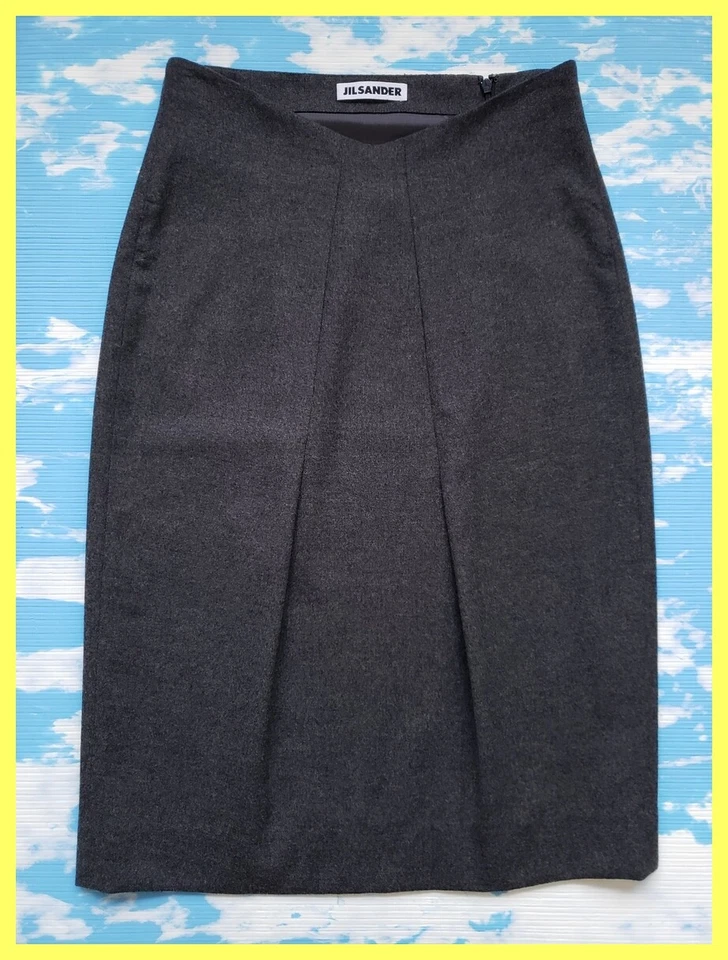 EUC JIL SANDER GRAY GREY WOOL CASHMERE PLEATED PENCIL KNEE LENGTH SKIRT 36 2 4