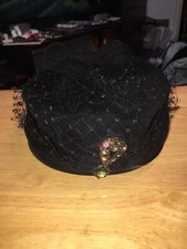 Vintage Black Suede Leather Fur Pillbox Hat with Vail  Brooch 22 Inches