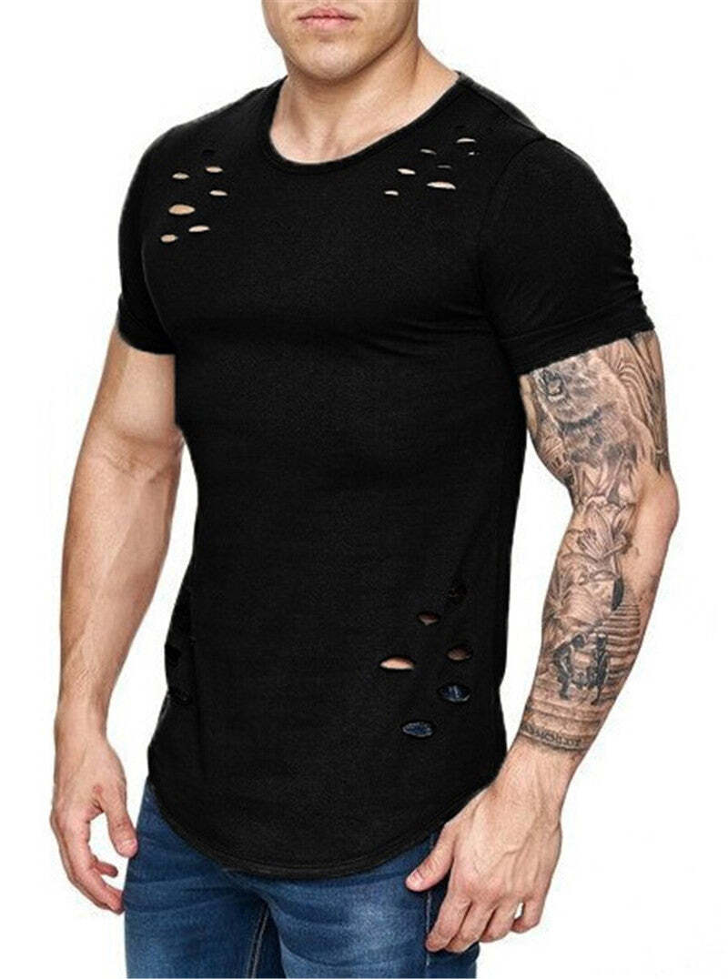 European and American Style Men's Loose Solid Color T-shirt With Holes in Large