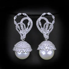 Silver Plated Cubic Zirconia Women Party CZ Round Big Pearl Drop Dangle Earrings