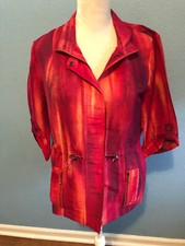 Chico's linen 3/4 sleeve jacket with full zipper in a multi pink print