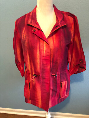 Chico's linen 3/4 sleeve jacket with full zipper in a  multi pink print