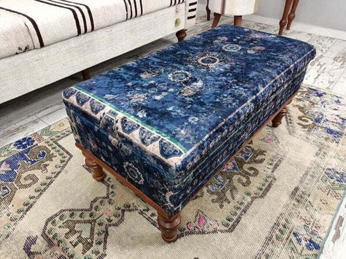 Navy Blue Ottoman Bench with Chest Storage Entryway Ottoman Seat - Picture 4 of 6