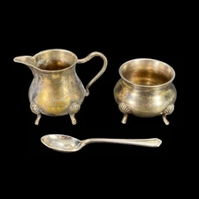 3pc Vintage EP Small Footed Creamer Open Sugar Bowl w/ Spoon