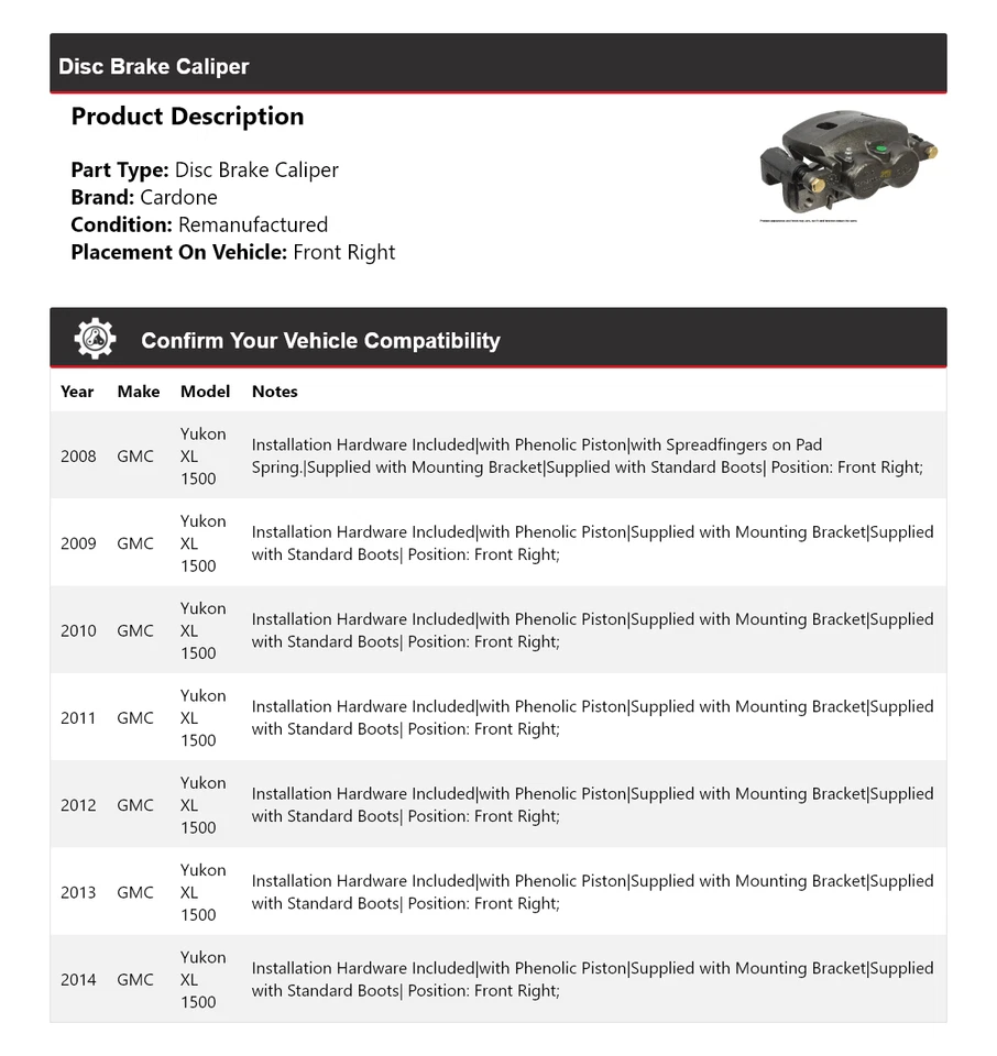 Pinza de freno de disco delantera derecha Cardone 2009 2010 para GMC Yukon XL 1500 2008-2014 Foto 2 de 4