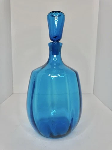 Vintage MCM Blenko Glass 6416 Decanter In Turquoise 14.25” W/stopper