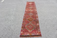 Turkish Rug, 2,2x10,8 ft Runner Rug, Red Check Wool Vintage Rug