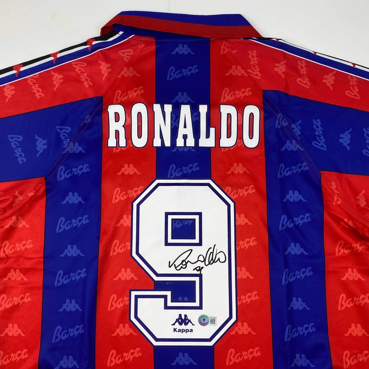 Autographed/Signed Ronaldo Nazario FC Barcelona Red/Blue Jersey