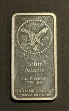 1 Oz Silver Bar .999 Fine John Adams Hamilton Mint 1 Troy Ounce Pure Silver