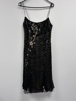 Vintage Y2K 90s After Six Silk Beaded Dress UK 12 Black Sequin Cocktail Party