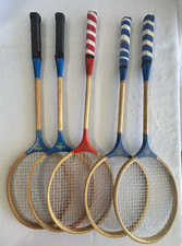 Lot of 5 Vintage Wood Badminton Racquets Rackets 1-Red 4-Blue Wooden
