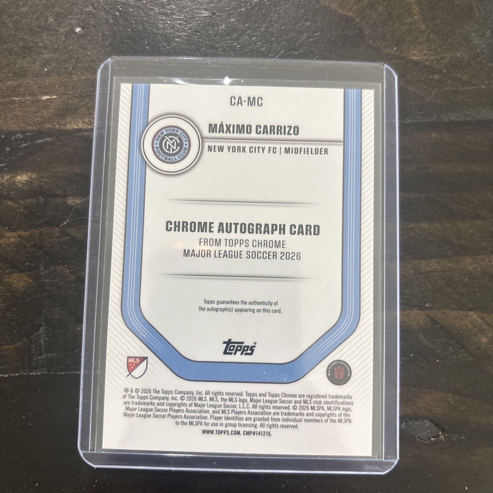 2026 Topps Chrome MLS Maximo Carrizo Auto Aqua Wave /199 RC New York City view 2