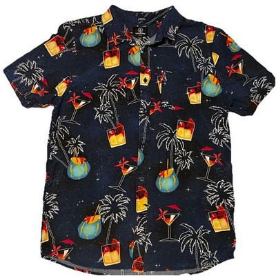 Volcom Mens XL Tropical Cocktail Palm Tree Tiki Print Button Down Shirt Navy