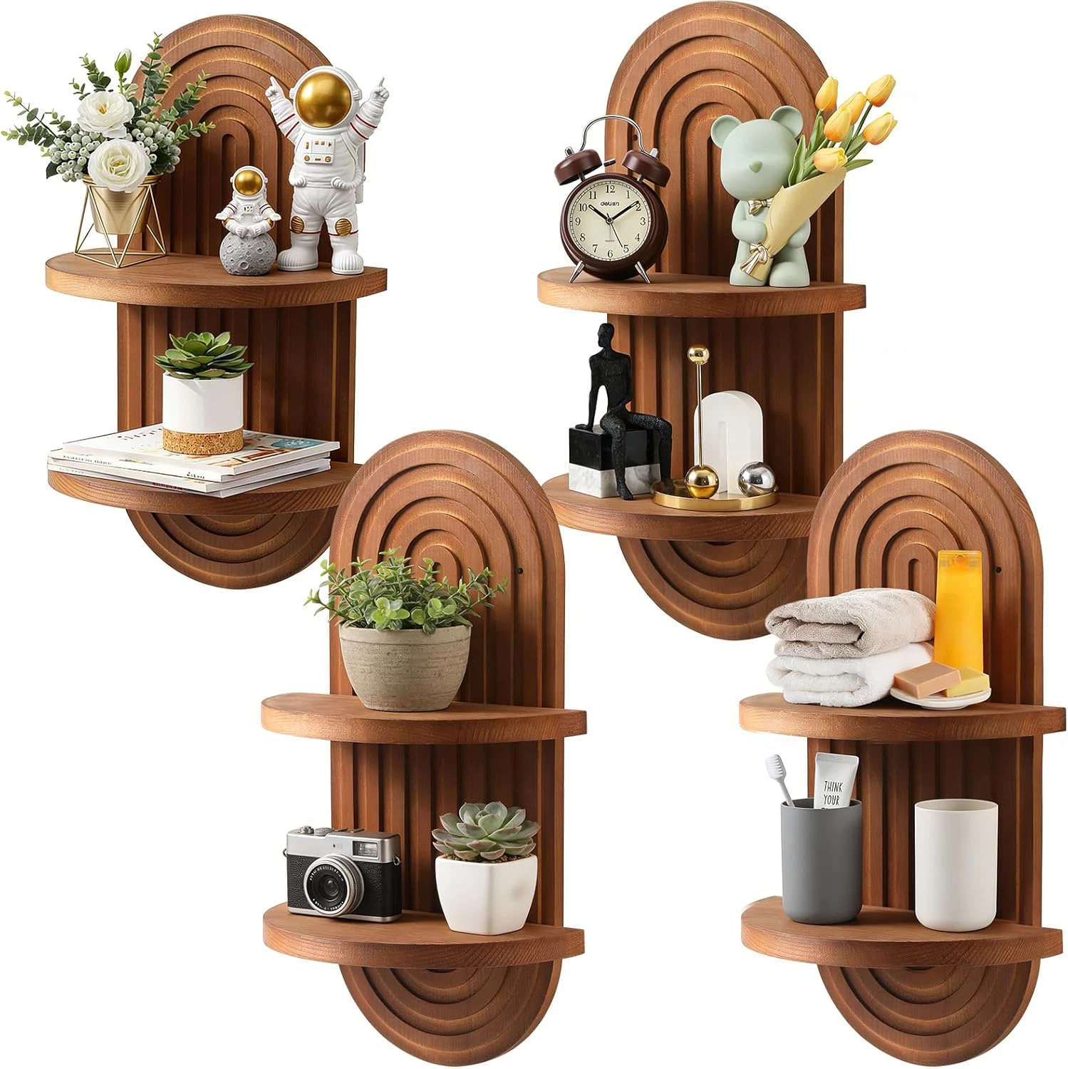Boho Floating Wall Shelves - Solid Wood Ripple Design for Indoor Decor (4 Pack)