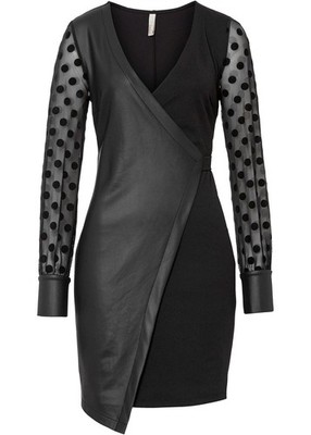 Kleid aus Lederimitat und Spitzenärmeln Gr. 40/42 Schwarz Abendkleid 1xget NEUw