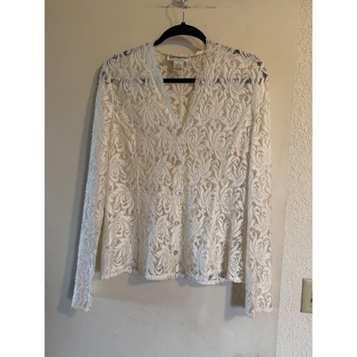 Bloomingdales Ivory Lace Beaded Button Front Cardigan Top Women 12 Romantic