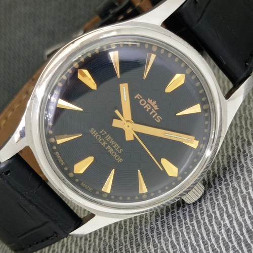 VINTAGE FORTIS HAND-WINDING SWISS MENS REFURBISHED BLACK DIAL WATCH a1664-A