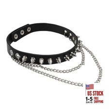 Spiked Choker, Goth Black Leather Choker Collar M - Length 14"-16.5" Black 002
