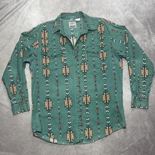 Vintage Roper Shirt Mens M Green Aztec Geometric Pearl Snap Western 90s Teal
