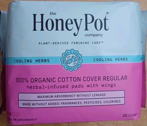 Honey Pot 100% Organic Cotton Cover Cooling Herbal Infusion Regular Pads, 20 ct