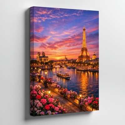 Paris Eiffel Tower Canvas Wall Art Beautiful River Flowers Scenic Sunset Print