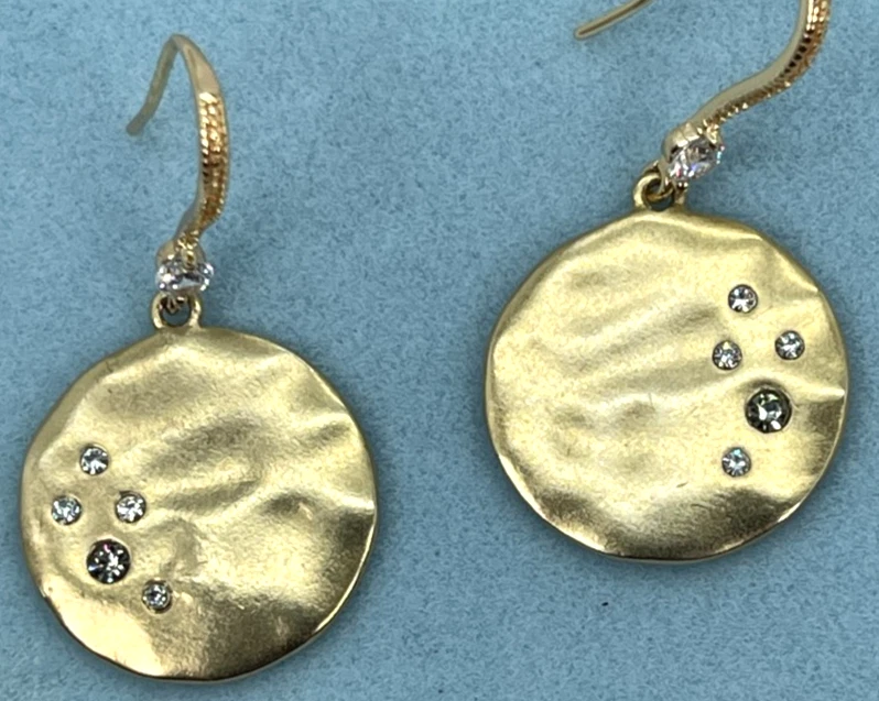 Earrings Designer Hammered Gold Filled 3/4" Discs w/5 Clear Gemstones - Image 2 of 4