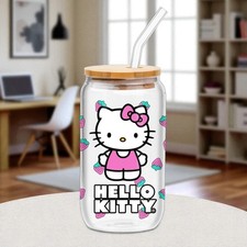 Hello Kitty Strawberry Toss Glass Tumbler with Bamboo Lid 16 oz